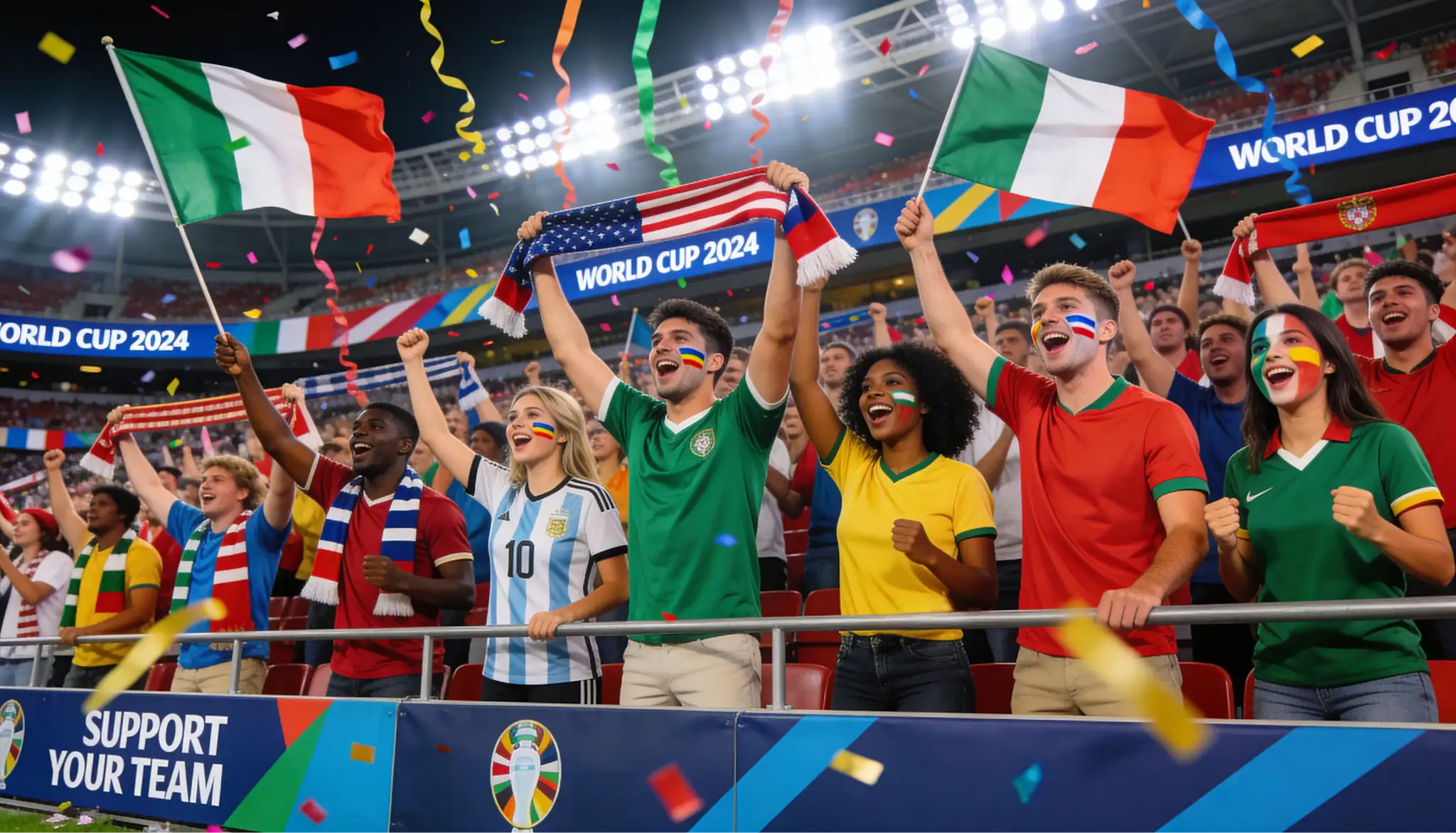 Begeisterte Fußballfans auf der Stadiontribüne mit Schals und Fahnen bei einem WM-Spiel