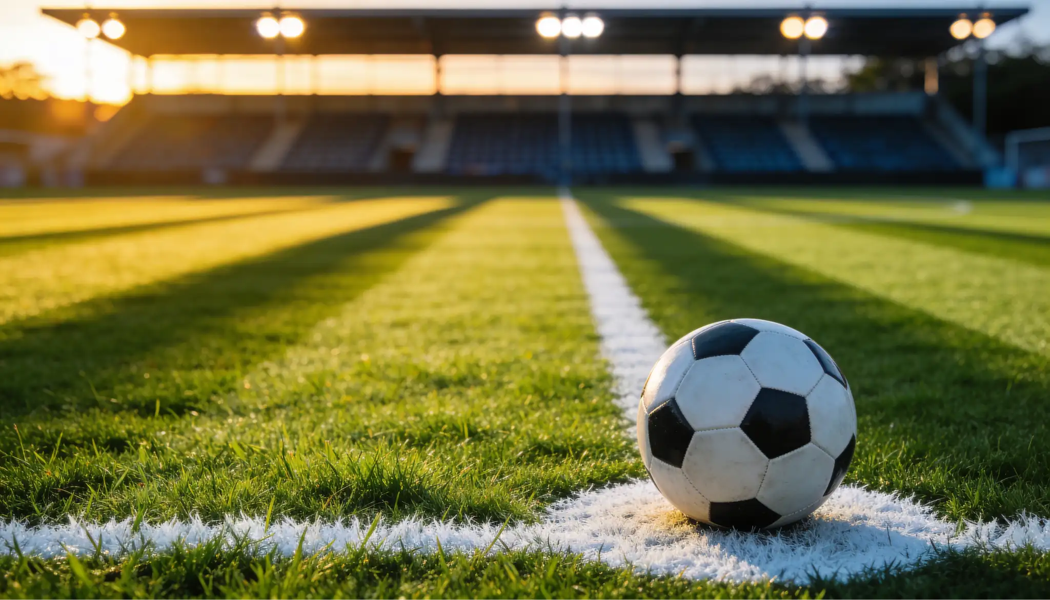 Fußballstadion mit grünem Rasen und Flutlicht bei einem WM-Spiel 2026